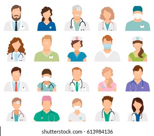 Professional doctor avatars isolated on white background. Medicine professionals and medical staff people icons vector illustration
