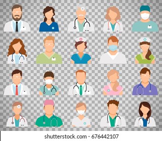 Professional doctor avatars isolated on transparent background. Medicine professionals and medical staff people icons vector illustration