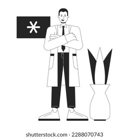 Professional doctor bw concept vector spot illustration. Male medical specialist 2D flat line monochromatic cartoon character for web UI design. Editable hero image for landing page, mobile header