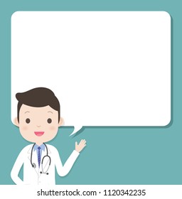 A Professional Doctor character stand beside a blank bubble talk frame.