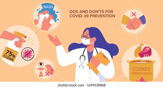 A professional doctor demoing dos and don'ts of avoiding coronavirus transmission during COVID-19 pandemic, in flat design