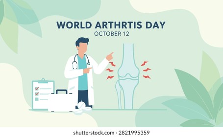 Professional doctor explaining knee joint bone anatomy model for world arthritis day on the twelfth of october.