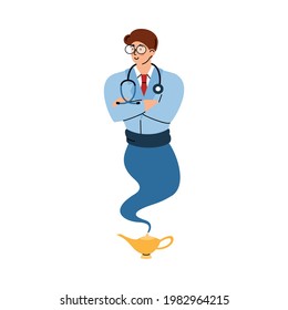 Professional doctor genie cartoon character, flat vector illustration isolated on white background. Creative male personage for professional medicine services.