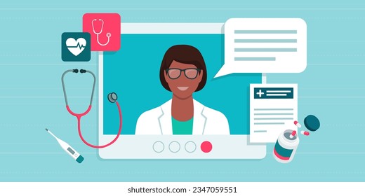 Professional doctor giving advice on a video call and medical equipment: healthcare and online doctor concept