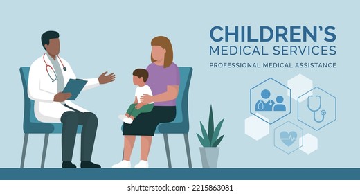 Professional doctor giving a consultation to a mother with her baby, healthcare and medicine concept