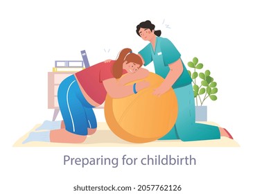 Professional doctor helps a patient to prepare for childbirth. Women are trying to prepare themselves for childbirth at the hospital using big ball. Flat cartoon vector illustration