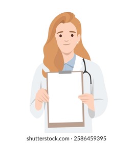 Professional Doctor Holding a Medical Clipboard. Ready to assist with medical care and diagnosis. Flat vector illustration isolated on white background