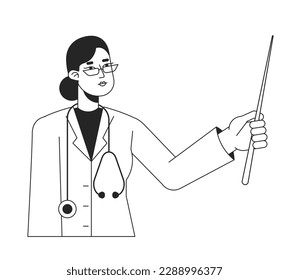 Professional doctor holding pointer stick flat line black white vector character. Editable isolated outline half body person. Simple cartoon style spot illustration for web graphic design, animation