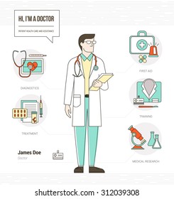 Professional doctor infographic skills resume with tools, medical equipment and icons set