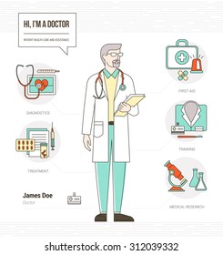 Professional doctor infographic skills resume with tools, medical equipment and icons set