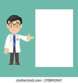 Professional Doctor Isolated Green Background With Banner, Vector Illustration