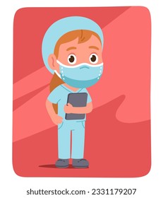 Professional doctor or nurse girl person. Hospital physician practitioner woman in medical mask, uniform. Health care therapy, health treatment, medicine profession occupation flat vector illustration