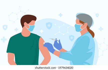 Professional doctor or nurse injects COVID-19 vaccine in a patient's shoulder at clinic.Concept immunization and vaccination of people against infection and virus disease. Vector illustration.
