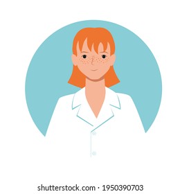 Professional doctor nurse medical specialist avatar for social media website game. Young redhead woman with freckles in a white robe. Stock vector flat illustration isolated on white.