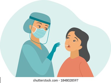  professional doctor nurse taking Covid-19 or Coronavirus test or DNA test to a young woman with nasal swab probe. cartoon character flat vector illustration