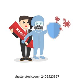 professional doctor with personal protective equipment and hazard mask protect patient from virus design character on white background