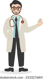 Professional Doctor Pose Illustration Isolated on White Background. Vector Character with Minimalist Cartoon Style.