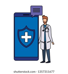 professional doctor with smartphone and speech bubble