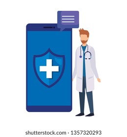 professional doctor with smartphone and speech bubble