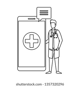 professional doctor with smartphone and speech bubble