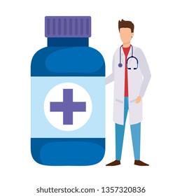 professional doctor with stethoscope and bottle drugs
