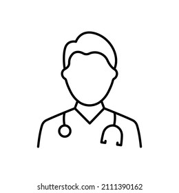 Professional Doctor with Stethoscope Line Icon. Male Physicians Specialist and Assistant Linear Pictogram. Editable Stroke. Isolated Vector Illustration.