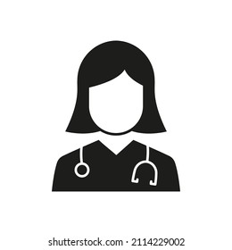 Professional Doctor with Stethoscope Silhouette Icon. Female Physicians Specialist and Assistant Black Pictogram. Isolated Vector Illustration.