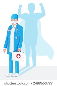 Professional doctor superhero. Doctor wearing mask with shadow of hero with fluttering cloak. Man in coat with medical container. Pandemic heroes concept. Cartoon flat vector illustration