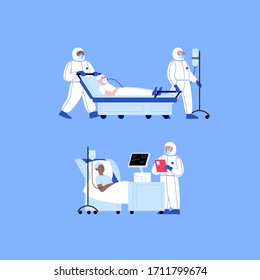 Professional doctor wearing covid-19 protection suit checking up the patient at the hospital. Two doctors transporting the patient on the bed. Virus outbreak concept