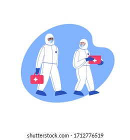 Professional doctor wearing covid-19 protection suit checking walking with first aid kit. Virus outbreak concept