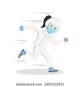 professional doctor woman with personal protective equipment running design character on white background