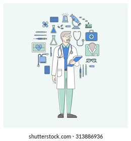 Professional doctor with work tools, thin line objects in a circle, healthcare concept