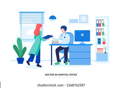 Professional doctor working in hospital office or clinic with other doctors, nurse and surgeon. Can use for web banner, infographics, hero images. Flat style color modern vector illustration.