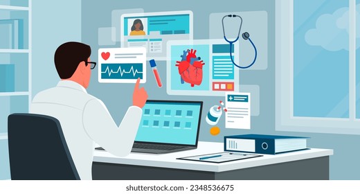 Professional doctor working with virtual screens in the office: telemedicine and electronic medical records concept