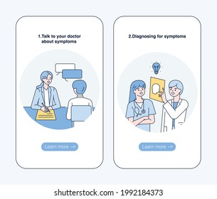 Los doctores profesionales están consultando y discutiendo mientras analizan la plantilla de diseño de páginas de aplicaciones para x-rays.Mobile. estilo de diseño plano ilustración vectorial mínima.