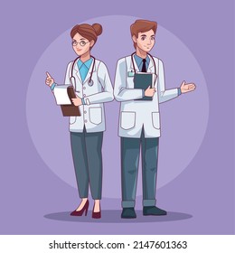 professional doctors couple workers characters