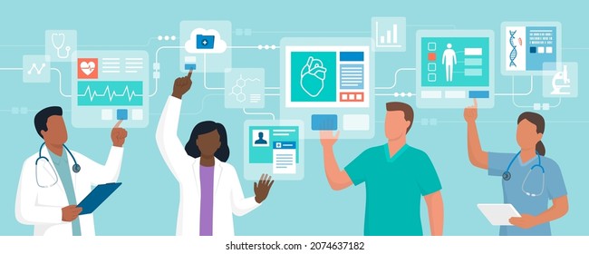 Professional doctors interacting with virtual interfaces online, they are checking electronic medical records, telemedicine and virtual reality concept