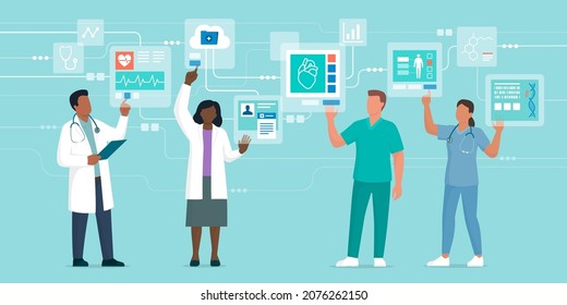 Professional doctors interacting with virtual interfaces online, they are checking electronic medical records, telemedicine and virtual reality concept