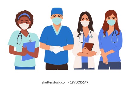 Professional doctors and nurses in masks.Vector illustration in flat style.