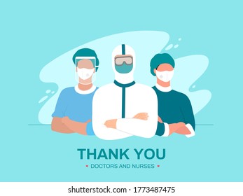 Professional doctors and nurses posing together in a hospital ward and wearing protective suits, virus outbreak emergency concept