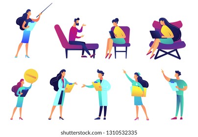 Professional doctors and nurses vector illustrations set. Tiny people medical stuff, medicine professionals, psychotherapist, pharmacist concept. Vector illustrations set isolated on white background.