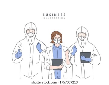 Professional doctors and nurses wearing protective suits and standing together to fight coronavirus.
