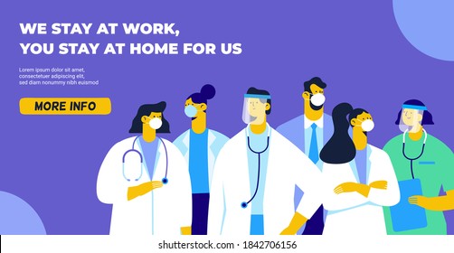 Médicos y enfermeras profesionales con una suite protectora y unidos para luchar contra el coronavirus. Ilustración del vector plano en casa