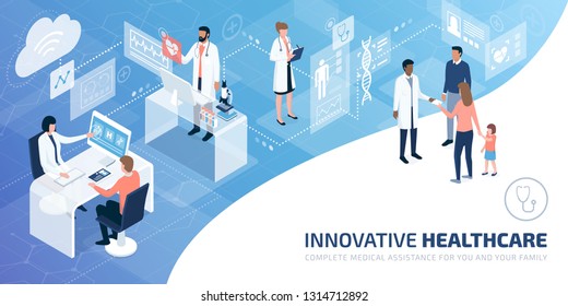 Professional doctors and patients in a virtual environment with user interfaces and screens, innovative healthcare concept