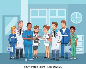 professional doctors staff in hospital characters vector illustration design