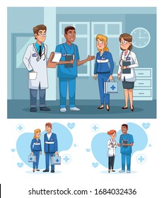 professional doctors staff in hospital characters vector illustration design