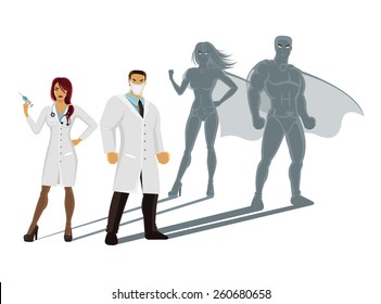 Professional doctors superheroes. Creative vector illustration. Isolated on white background.