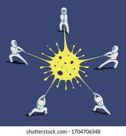Professional doctors wearing protective suite and pulling coronavirus together. Concepts of unity against coronavirus. 