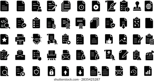 Professional document management icon set featuring a wide collection of clean black and white file, folder, checklist, clipboard, security, editing, approval, search, upload, download, email, printing, certificate, workflow, and business symbols. Designed in a consistent flat silhouette and glyph style with clear negative space, making the collection ideal for websites, mobile applications, software interfaces, presentations, infographics, business documents, office systems, and digital products. Clean, versatile, scalable, and suitable for modern corporate and technology-related projects.

#DocumentIcons #IconSet #FileManagement #BusinessIcons #OfficeIcons #VectorIcons #UIIcons #GlyphIcons #FlatDesign #DocumentManagement #BusinessVector #TechnologyIcons