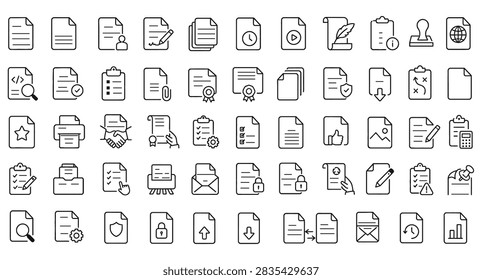 Professional document management icon set featuring a versatile collection of file, folder, checklist, clipboard, editing, approval, security, upload, download, email, printing, search, certificate, workflow, and business symbols. Designed with a clean monochrome silhouette and consistent flat glyph style, these icons are ideal for websites, mobile applications, software interfaces, presentations, infographics, office systems, business branding, and digital products. The simple high-contrast design provides excellent readability and flexibility for modern corporate, technology, and document-related projects.

#DocumentManagement #DocumentIcons #IconSet #FileManagement #BusinessIcons #OfficeIcons #VectorIcons #GlyphIcons #UIIcons #FlatDesign #TechnologyIcons #BusinessVector